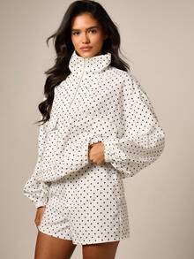 AiiRZ Chaqueta utilitaria con cuello de embudo y estampado de lunares, ajuste oversize, media cremallera, manga larga para primavera y otoño - Blanco y Negro - Ver 5