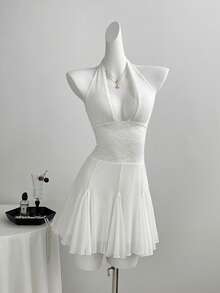 SHEIN Sweetro Y2K Sexy Lace Mesh Patchwork Halter Neck Ruffle Hem Fitted White Party Golf Dress Summer - White - View 1