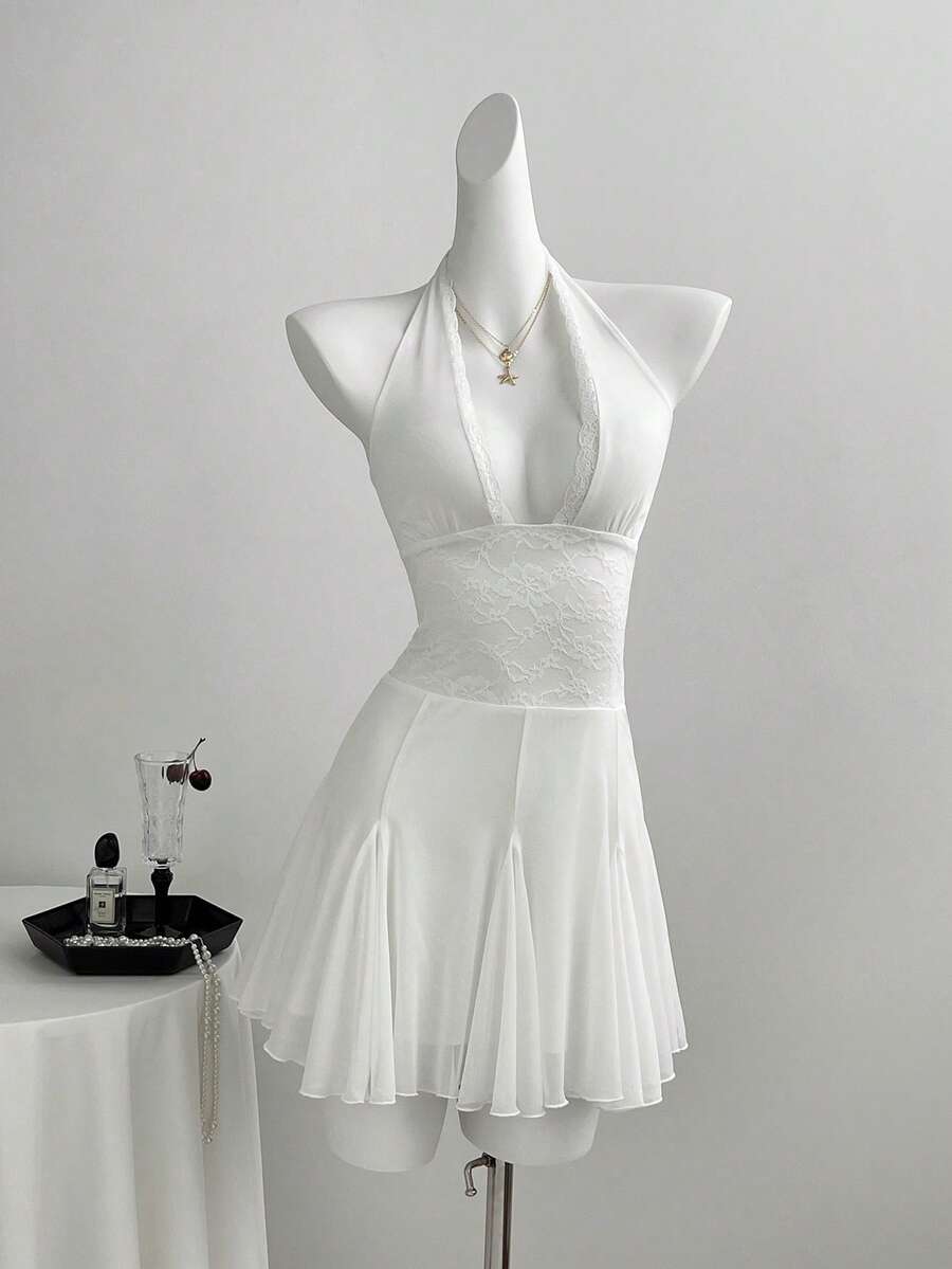 SHEIN Sweetro Y2K Sexy Lace Mesh Patchwork Halter Neck Ruffle Hem Fitted White Party Golf Dress Summer - White - View 1