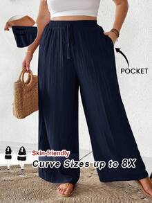 SHEIN CURVE+ 大码女式夏季沙滩套装，时尚休闲商务通勤优雅阔腿裤，带口袋，沙滩度假装/乡村/沙滩度假套装/沙滩装/沙滩服饰 - 藏蓝色 - 查看 1