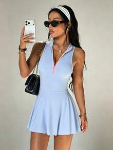 SHEIN Sovereign Charm 女士休闲无袖马卡龙粉色运动连衣裙，常规立领，撞色半开领，带口袋的连体短裤，适合日常休闲穿着，时尚百搭，跑步、瑜伽、健身、网球、高尔夫等运动皆宜。 - 藍色 - 查看 7