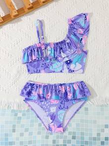 SHEIN Tween Girls Purple Floral Print Bikini Sets,Cute Tropical Flower Pattern Ruffled Two-Piece Swimsuit,Knit Fabric Princess Style Summer Beach Holiday - Purple - View 6