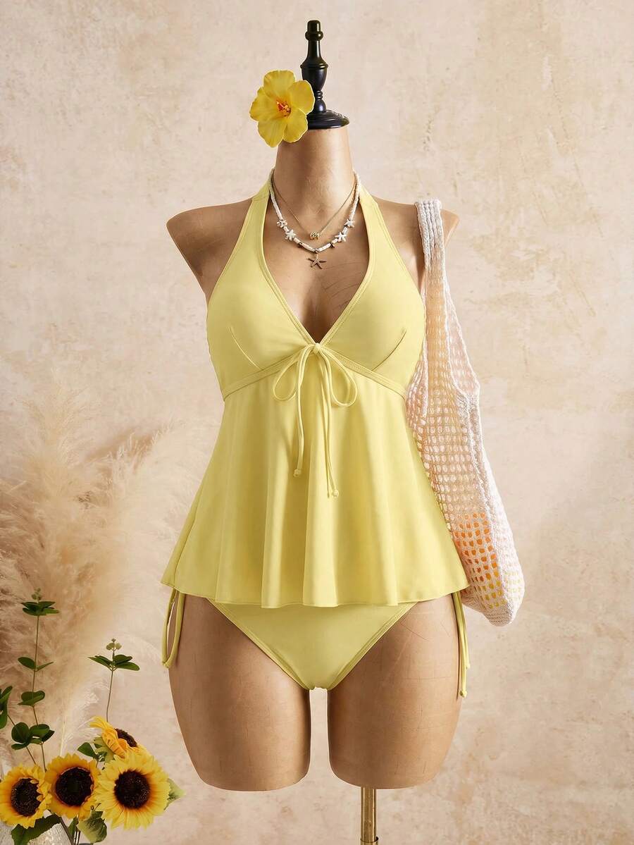 Bellisia Women's Relaxed Holiday Textured Polka Dot Camisole Bikini Top Holiday Vacation Yellow Summer Casual - Pale Yellow - View 1