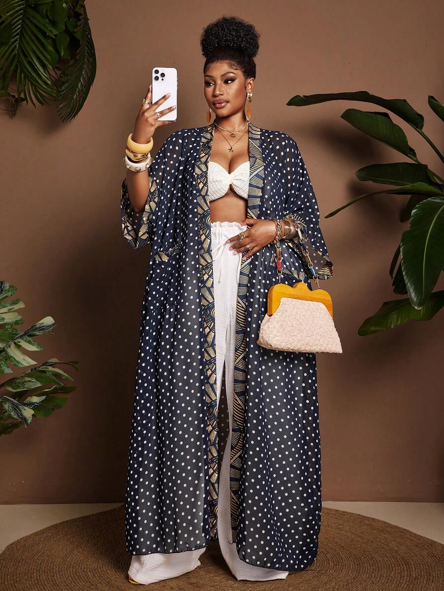 Maweii Plus Size Women's Casual Wear Chiffon Watermark Polka Dot Patchwork Contrast Color Geometric Print Loose Long Open-Front Shirt - Royal Blue - View 1