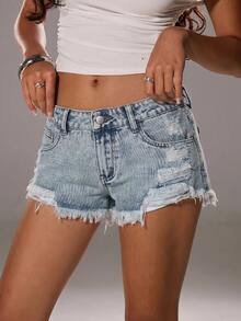 TRNVIE Quần short denim cạp thấp, phong cách đường phố thường ngày, rách gấu, thời trang. - Rửa nhẹ - Xem 7