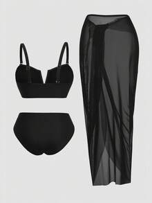 Swim Oasis Plus Size Summer Vacation Beach Solid Color Ruched Bikini Set Set With Cover-Up & Skirt - Black - View 2