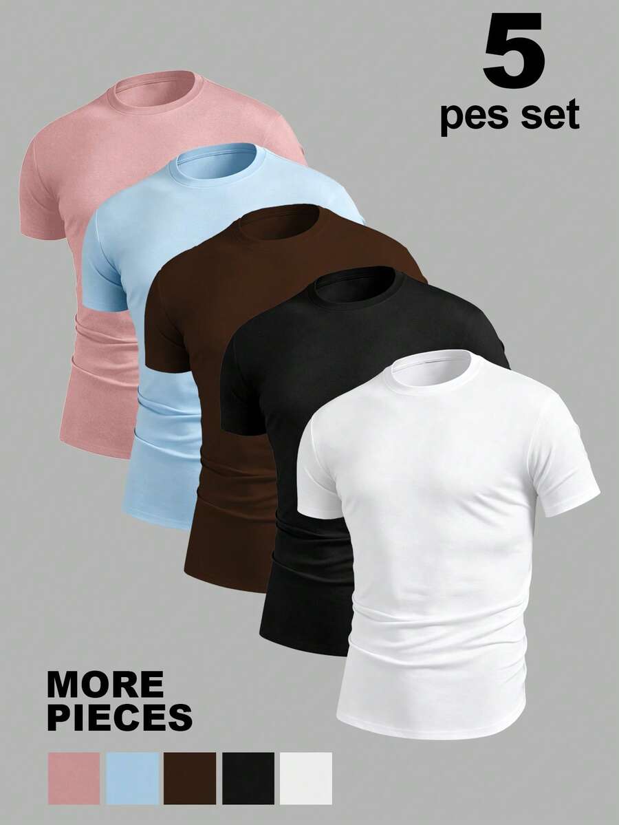 NEOREFINED Set de 5 camisetas de manga corta de unicolor casuales para hombres para uso diario, verano - Blanco - Ver 1