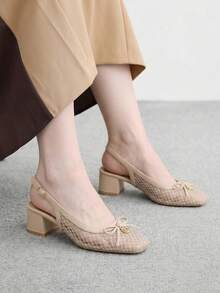 CUCCOO BIZCHIC 女款時尚粗跟鞋，扣環蝴蝶結設計，粗跟網紗材質，通勤優雅，適合基礎穿搭、節慶度假與戶外日常百搭 - 卡其色 - 查看 5