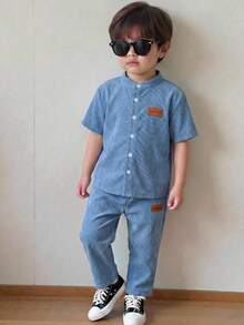 2 Stücke Set Kleine Jungen Lässig Süß Grafik Kurzarm Strickjacke Hemd und Hose Outfit, geeignet für Frühling, Sommer, Herbst, Winter Lässig, Hauskleidung, Schule, Sport - Graublau - Übersicht 5