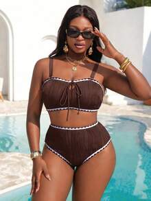 Conjunto de bikini bandeau texturizado para vacaciones de verano para mujer de talla - Café integral - Ver 4