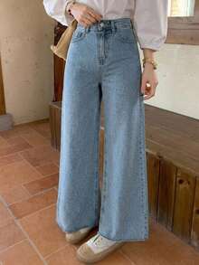 DAZY Women's Solid Color Wide Leg Long Denim Jeans, Suitable For Long Legs - Medium Wash - View 8