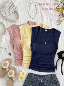 SHEIN Tween Girls T-Shirts T-Shirts Summer Navey Blue Ruched Side Tank Top Day Casual - Navy Blue - View 4