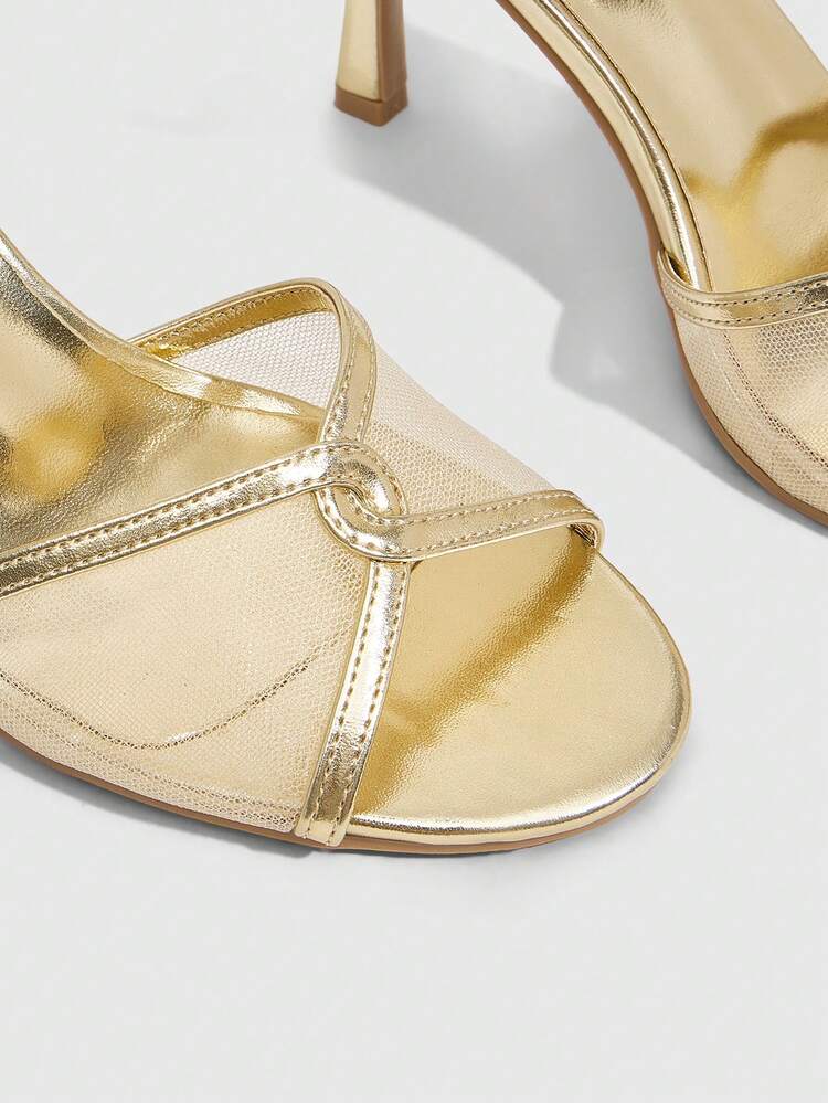 CUCCOO SZL Black PU Leather Gold Buckle Fashionable Comfortable Round Toe High Heel Mules