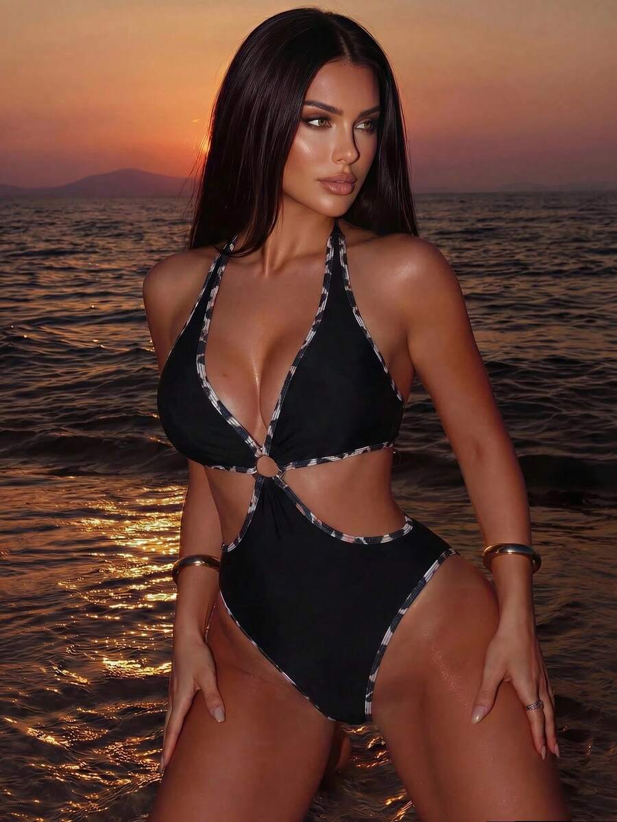 Swim SXY Women's One-Piece Swimsuit With Cutout Waist, Leopard Print Trim, And Halter Neck - Coffee Brown - View 1