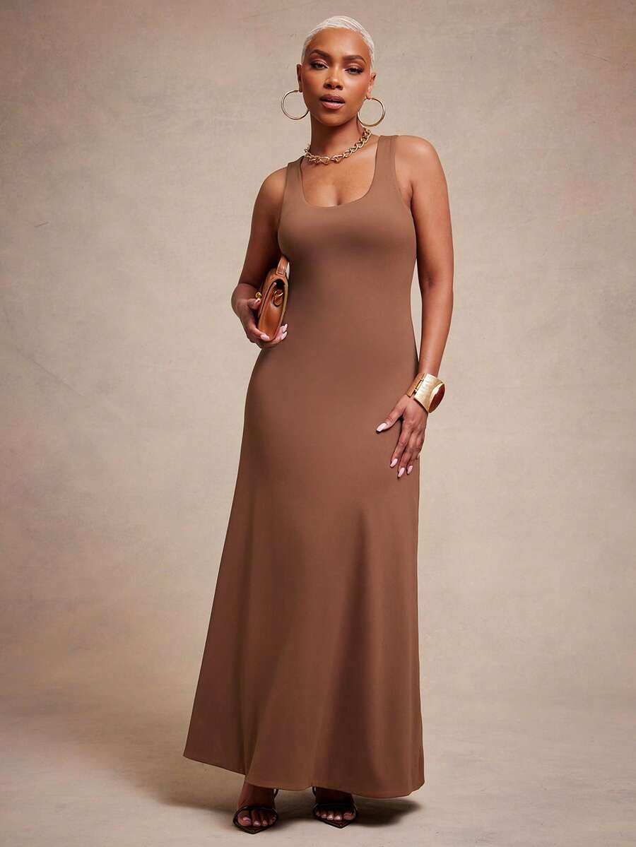 Vixey Double Lined Solid Jersey Midi Tank Dress - Brown - View 1