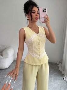 Modelyn 女款優雅蕾絲拼接上衣與寬腿褲兩件套，適合早午餐與辦公室，粉色與白色，夏季款 - 黃色 - 查看 3
