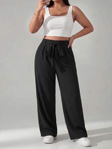 SHEIN PETITE CURVE Quần dài nữ cỡ lớn màu đen kiểu dáng thường ngày có dây buộc eo - màu đen - Xem 10