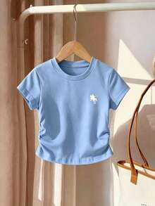 SHEIN Genkimix Kids 女童休閒時尚日常圓領標準肩短袖修身短版不對稱下擺可愛小馬印花藍色T恤，百搭夏季上衣 - 藍色 - 查看 2