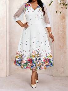SHEIN Lady 大码女士优雅印花V领连衣裙 - 彩色 - 查看 6