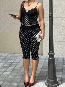 GalTyme Plus Size Polka Dot Print High Waist Leggings - Black - View 3