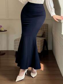 DAZY Women's Solid Color High Waist Slim Fit Elegant Office Skirt - Navy Blue - View 5