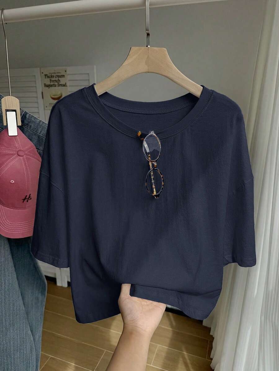 Comfortcana Áo thun cỡ lớn màu xanh hải quân trơn, vai rớt, kiểu dáng thường ngày. - Màu xanh hải quân - Xem 1