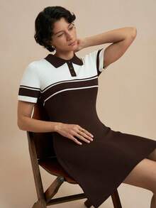 Nima Coro Brown And White Contrast Collar Preppy Classic Everyday Teacher Elementary Spring/Summer Women Short Sleeve Fitted Knit Dress Back-To-School - Coffee Brown - View 7