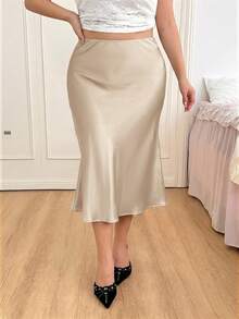 CovetEZ Champagne High-Waisted Solid Satin Skirt, Suitable For Party Office Date Wear, Spring/Summer Frenchy - Apricot - View 6