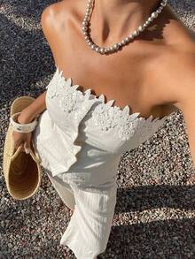 DAZY Women's 2 Pieces Elegant European Casual Luxury Lace Trim Camisole Top And Wide Leg Pants Vacation Summer Set Brunch Off-White - Apricot - View 6