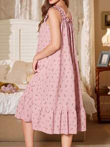 CottageSlumber Romantic Ditsy Ditsy Floral Frill Trim Spaghetti Strap Long Nightgown - Pink - View 2