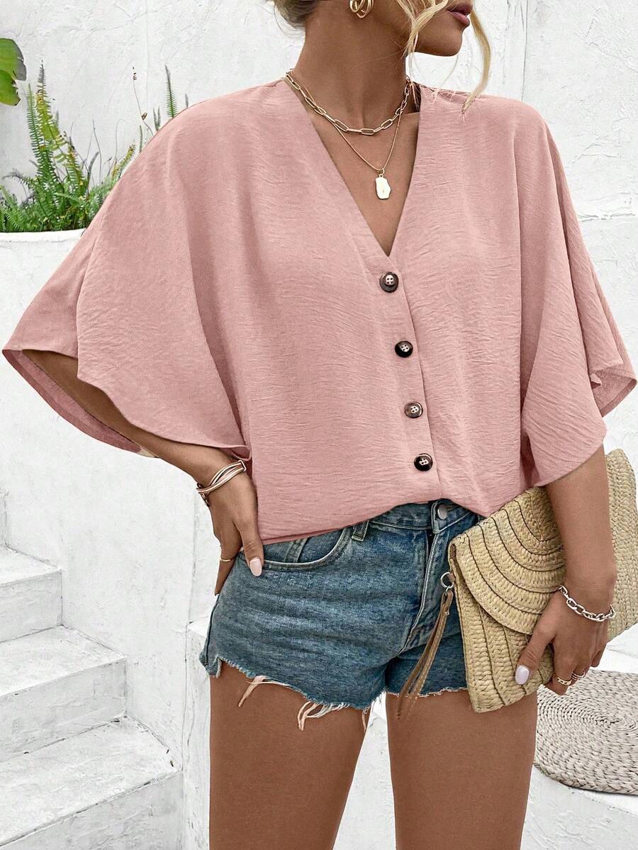 Breezaya Plus Size Women's Elegant Solid Color Jacquard V-Neck Raglan Sleeve Button Decor Beach Resort 2025 Spring/Summer New Versatile Blouse - Dusty Pink - View 1