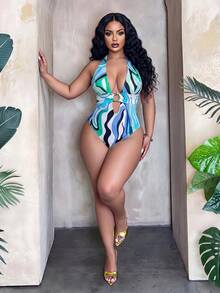 Slaydiva 2026 New Women's Spring/Summer Halter Neck Wavy Print Beach Swimsuit, Plus Size - Multicolor - View 5