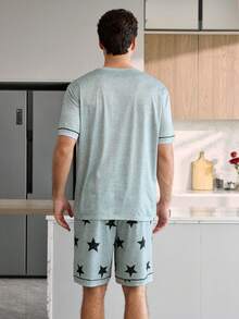 CoupledUp Conjunto de Pijama Masculino Casual com Estampa de Estrela, Manga Curta Solta e Shorts - Cinza - Visão 5