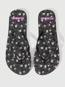 HELLO KITTY AND FRIENDS | SHEIN 女款夾腳拖鞋，可愛童趣印花搭配亮片透明鞋帶，呈現經典趣味造型，適合夏季旅遊與春季休閒旅行 - 炭黑色 - 查看 3