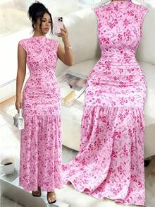 Elenzga Vestido elegante con cintura fruncida y abertura fruncida con estampado amarillo para mujeres - Rosa - Ver 7
