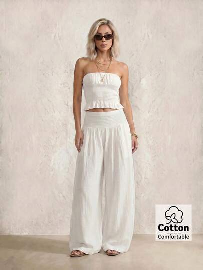 SHEIN PETITE White Cotton Trousers For Spring/Summer, Perfect For A Casual, Vacation Look. Stylish, Versatile, And Sophisticated. A Vintage-Inspired Style Suitable For Commuting. Fashionable And Uniquely Chic.