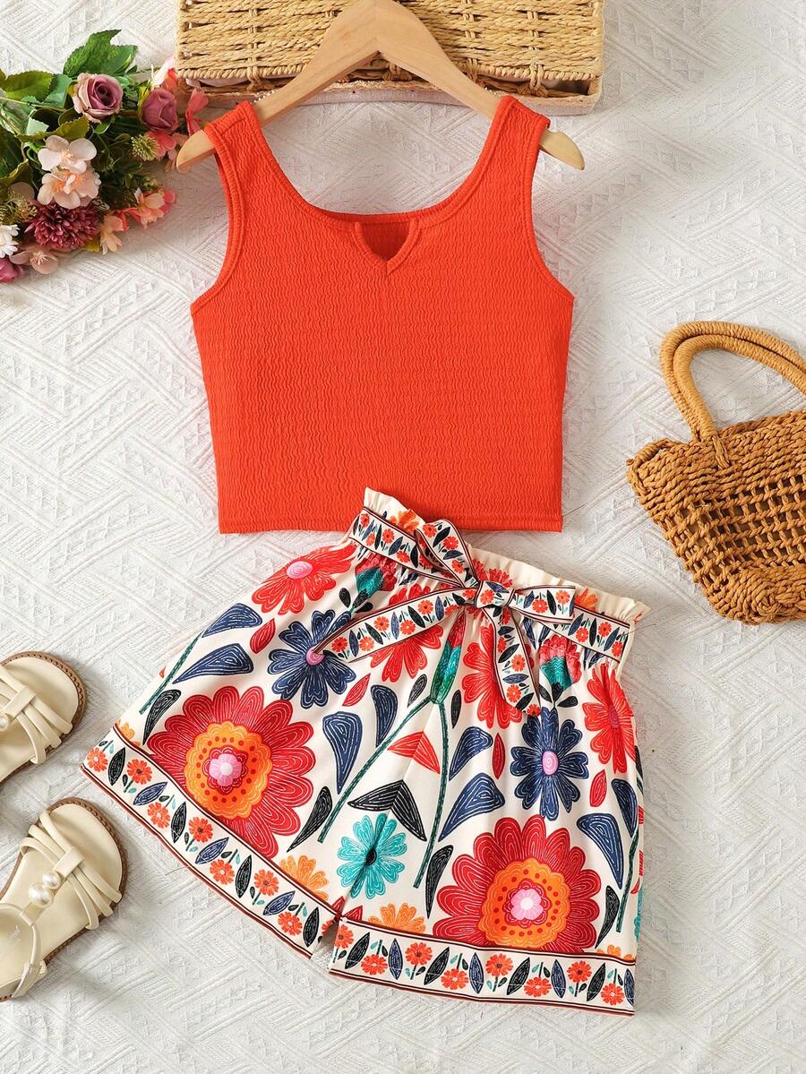 SHEIN Tween Girl Solid Color Notch V-Neck Tank Top And Floral Print Shorts Set - Multicolor - View 1