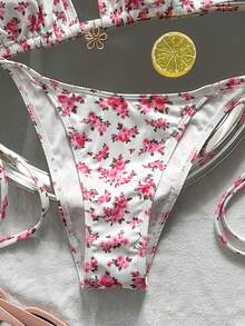 Swim Mod 女款白色碎花細肩帶比基尼套裝，夏季熱帶度假泳裝，高衩綁帶側邊，適合泳池派對與海灘度假，性感泳衣 - 彩色 - 查看 5