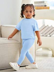 SHEIN Set 2 Potong Baju dan Celana Rajut Longgar Warna Polos untuk Bayi Perempuan - Dusty Blue - View 8