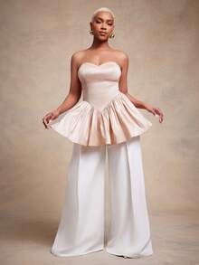 Vixey Solid Taffeta Sweetheart Neckline Strapless Peplum Top - Apricot - View 4