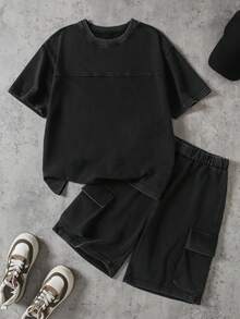 2pcs/Set Kids Summer Casual Tie-Dye Printed Short Sleeve Outfit,Loose Fit Round Neck Tee And Shorts,Streetwear Style Unisex Children Fashion Must-Have - Black - View 1