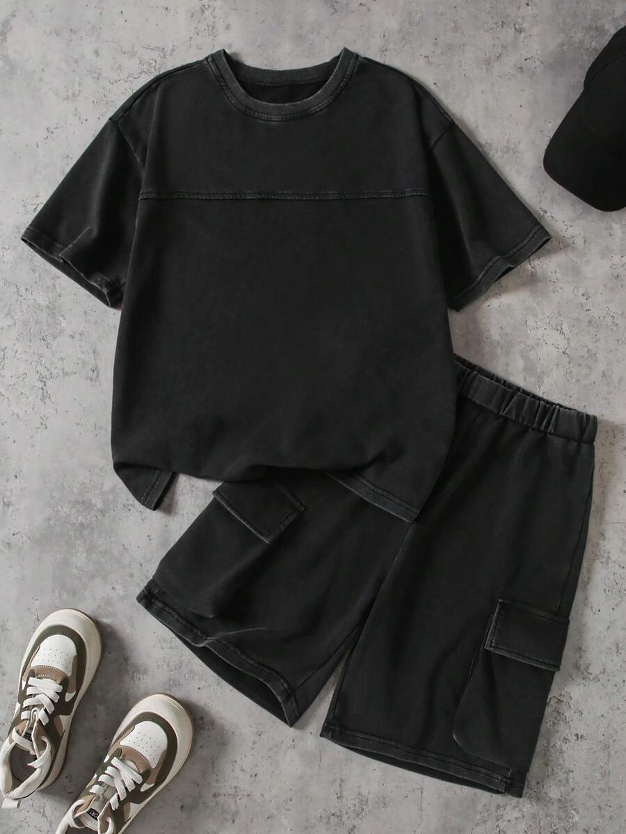 2pcs/Set Kids Summer Casual Tie-Dye Printed Short Sleeve Outfit,Loose Fit Round Neck Tee And Shorts,Streetwear Style Unisex Children Fashion Must-Have - Black - View 1