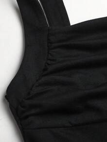SHEIN Teen Girls' Black Solid Color Knit Minimalist Elegant Versatile Ruched Bust Cinched Waist Mid-Length Dress - Black - View 5