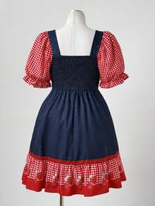 Sweetra Plus Size Summer Pastoral Patchwork Plaid Bow Decor Puff Sleeve Dress - Multicolor - View 2