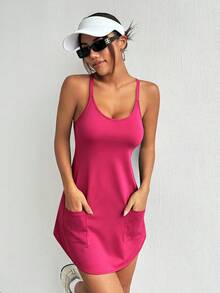 SHEIN Sports Summer Casual Solid Color 2 In 1 Dress With Pockets - Hot Pink - View 4