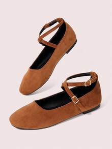 CUCCOO DOLLMOD Giày Mary Jane da lộn màu caramel cổ điển, khóa đôi, mũi vuông, đế bằng, kiểu dáng nhẹ nhàng, thoáng mát dành cho nữ đi làm. - Màu caramel - Xem 4