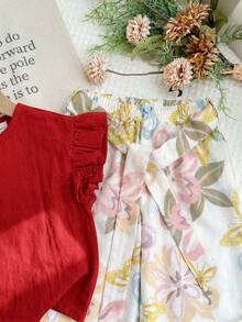 LMoss Kids 2pcs Baby Girl Woven Solid Color Ruffle Collar Top And Loose Ditsy Floral Pants Set - Red - View 9