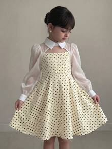SHEIN Young Girl Polka Dot Print Patchwork Long Sleeve Dress, Spring/Summer - Multicolor - View 3