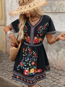 Brillora Đầm nữ mùa hè cổ chữ V in họa tiết retro Mexico. - màu đen - Xem 6