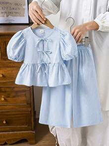 Emery Rose Kids Emery Rose Kids 女童編織格紋花瓣袖上衣與寬鬆長褲2件套 - 藍色 - 查看 4